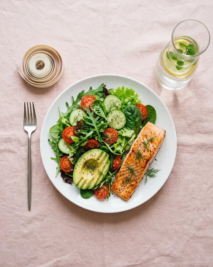 Ensalada con salmón junto a una cinta métrica de tela y una jarra de agua con limón.