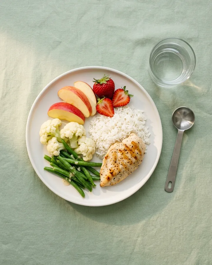 Plato con arroz, pollo, coliflor y ejotes, manzana y fresas, junto a un vaso pequeño de agua.